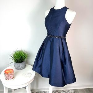 Monique Lhuillier Navy Beaded Waist Fit-and-Flare Dress